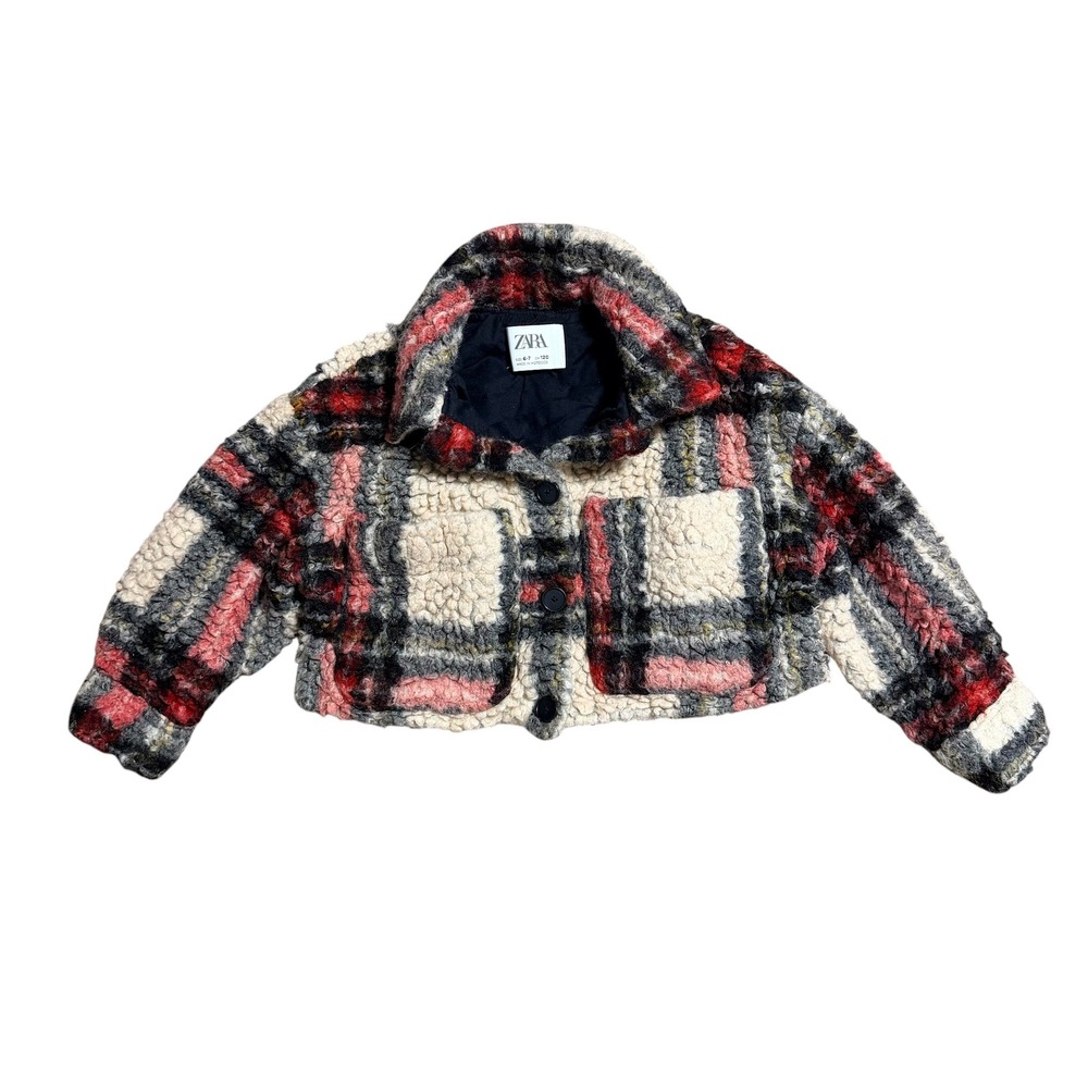 Zara Kids Plaid Sherpa Cropped‎ Jacket Red Cream Grey Fleece Button Front Sz 6-7